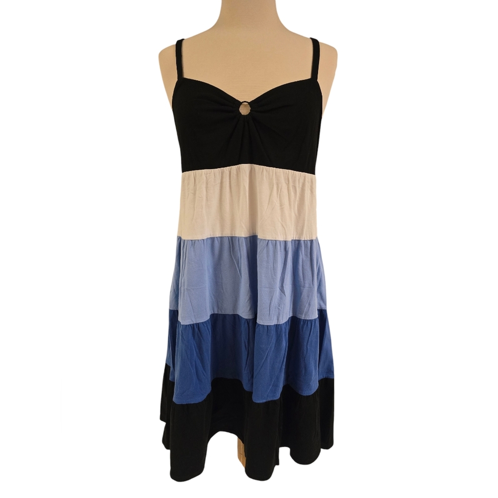 Loft Spaghetti Summer Dress Blue White Black Size M Block Tiered Sweet Heart